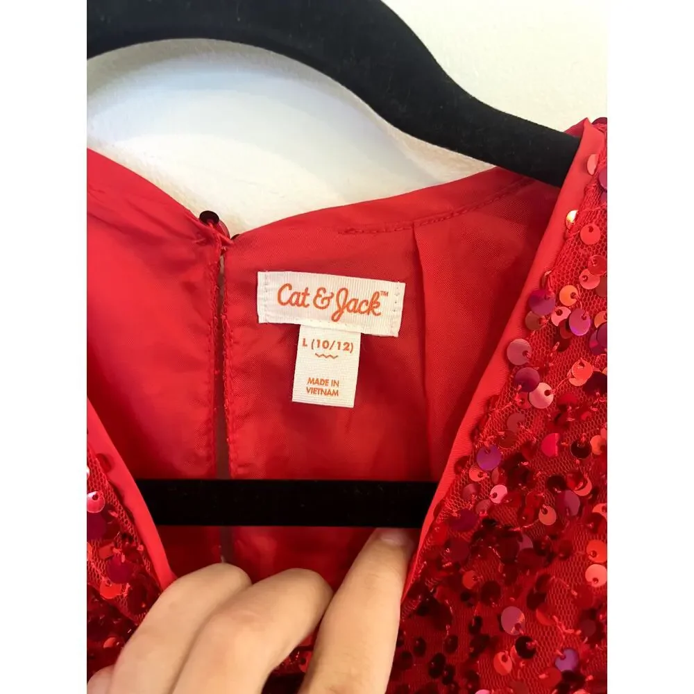 Cat & Jack Red Sequin Party Dress Puff Sleeve Girls Size L 10/12